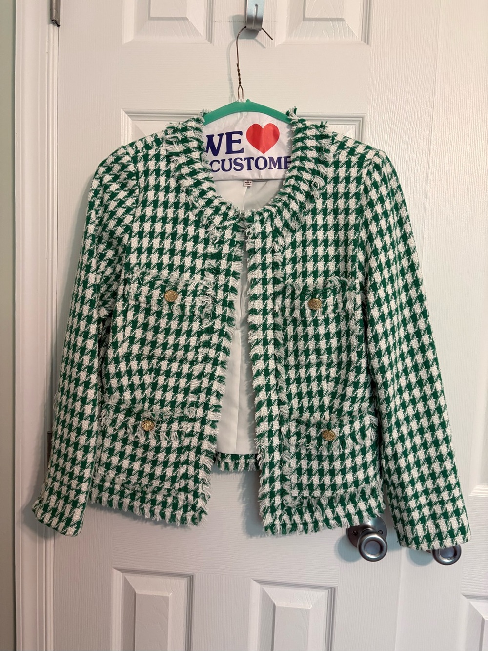 Nanette Lepore Green and White Houndstooth Fringe Jacket